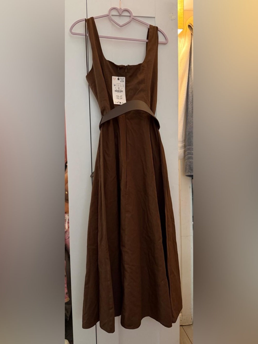 Zara Chocolate Brown Square-Neck Midi Dress with Belt - Picture 4 of 5